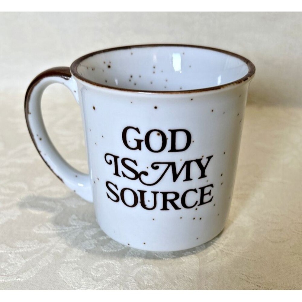 Vintage God Is My Source Speckled Stoneware Mug Yellow Daisy Flower Japan Retro